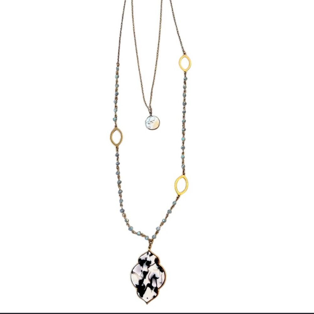 Statement Pendant Layered Necklace‎ - Unique Design!
 Black White Gold